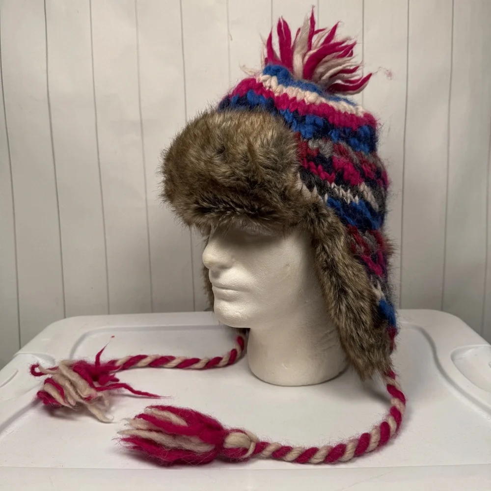 Y2K American Eagle Wool/Alpaca Knit Trapper Hat Faux Fur Trim Ski‎ Snow Winter